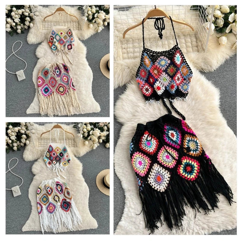 🌴 Conjunto Boho em Crochê – Top + Saia com Franjas | Rio Samba Crochet