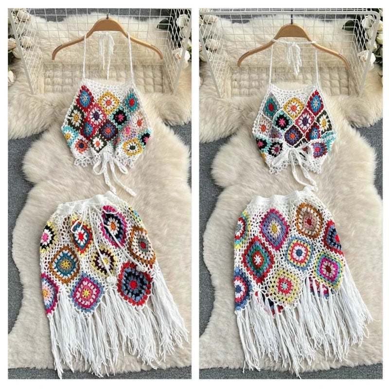 🌴 Conjunto Boho em Crochê – Top + Saia com Franjas | Rio Samba Crochet