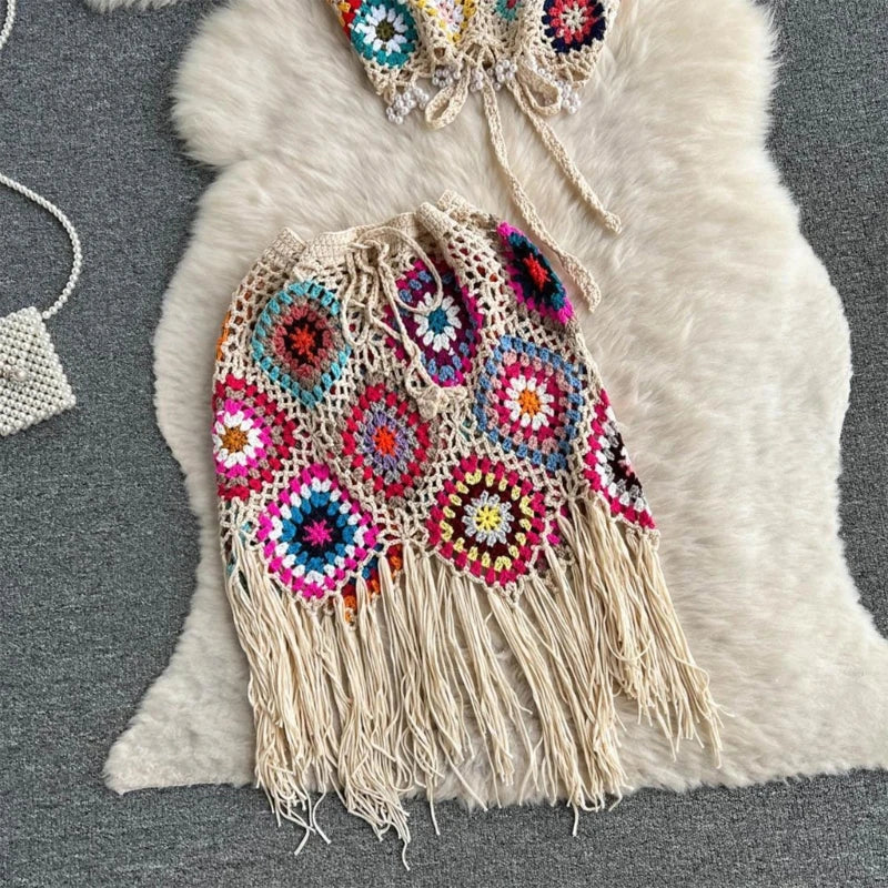 🌴 Conjunto Boho em Crochê – Top + Saia com Franjas | Rio Samba Crochet