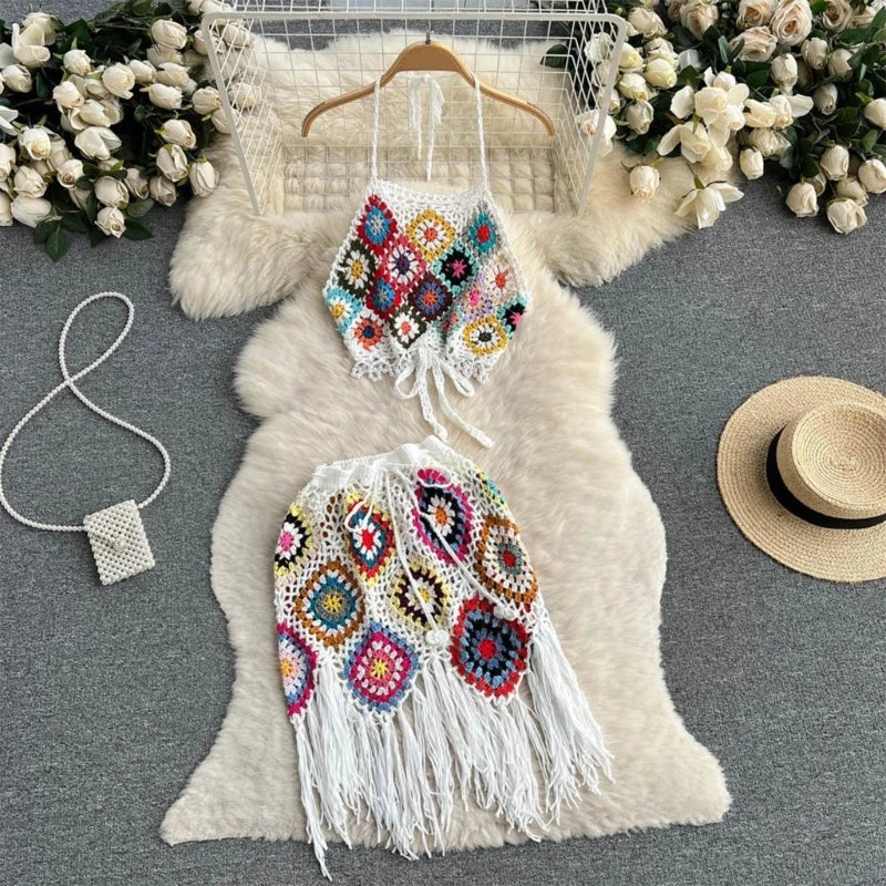 🌴 Conjunto Boho em Crochê – Top + Saia com Franjas | Rio Samba Crochet