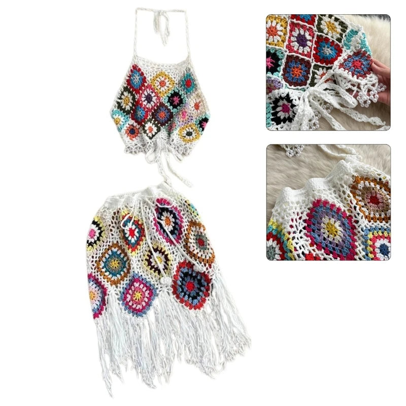 🌴 Conjunto Boho em Crochê – Top + Saia com Franjas | Rio Samba Crochet