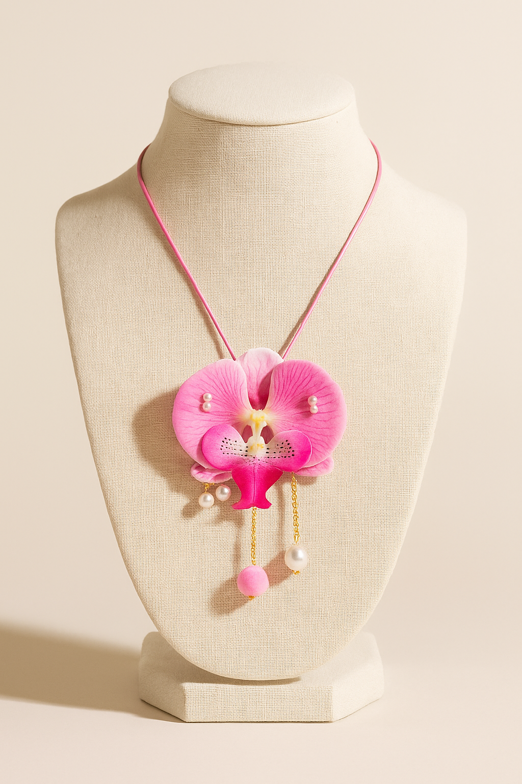 Colar Orquídea de Cetim com Pérolas – Acessório Floral Boho & Glam