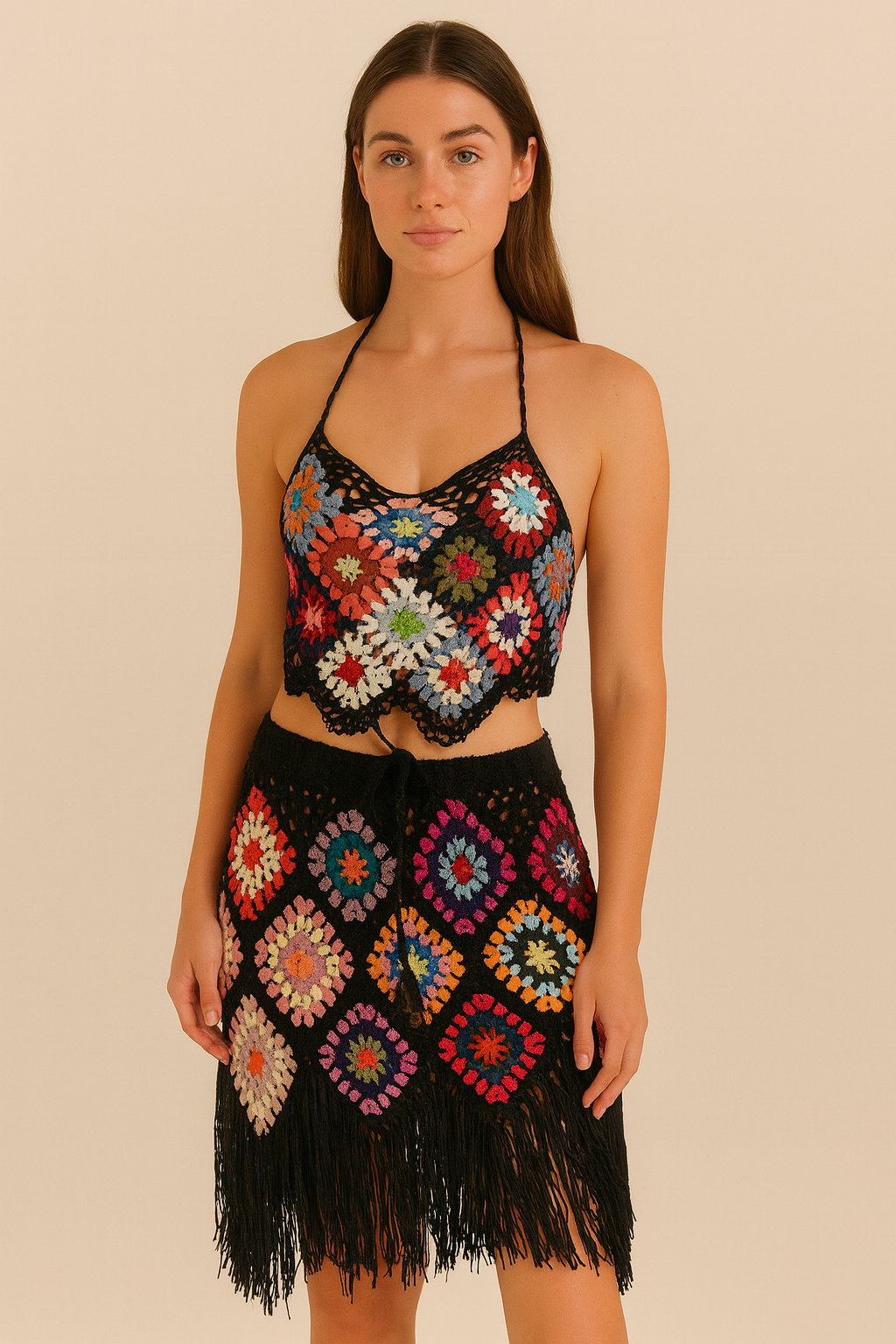 🌴 Conjunto Boho em Crochê – Top + Saia com Franjas | Rio Samba Crochet