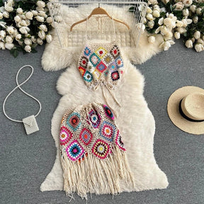 🌴 Conjunto Boho em Crochê – Top + Saia com Franjas | Rio Samba Crochet