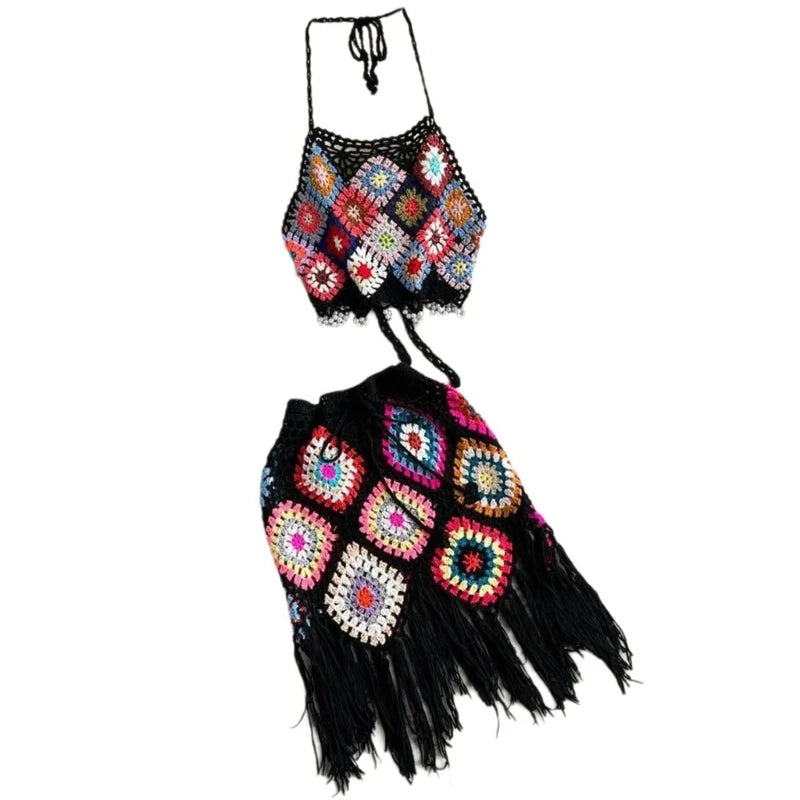 🌴 Conjunto Boho em Crochê – Top + Saia com Franjas | Rio Samba Crochet