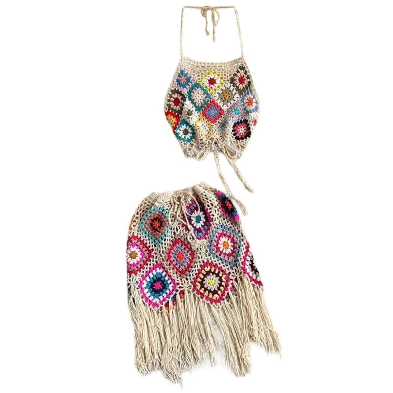 🌴 Conjunto Boho em Crochê – Top + Saia com Franjas | Rio Samba Crochet